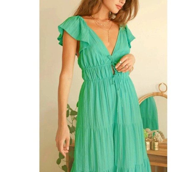 Greylin Riley Textured Cotton Tiered Maxi Dress Gumdrop Green  Size XS - Picture 3 of 10